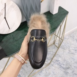 Gucci Winter New Soft Leather Wool Slippers For Women Black