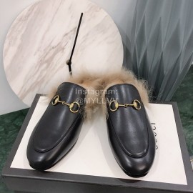 Gucci Winter New Soft Leather Wool Slippers For Women Black