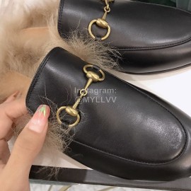 Gucci Winter New Soft Leather Wool Slippers For Women Black