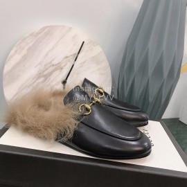 Gucci Winter New Soft Leather Wool Slippers For Women Black