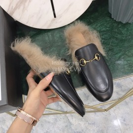 Gucci Winter New Soft Leather Wool Slippers For Women Black