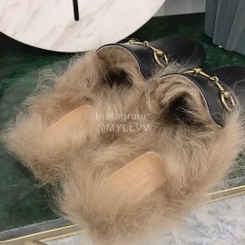 Gucci Winter New Soft Leather Wool Slippers For Women Black