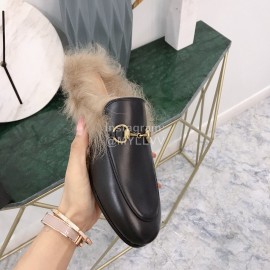 Gucci Winter New Soft Leather Wool Slippers For Women Black