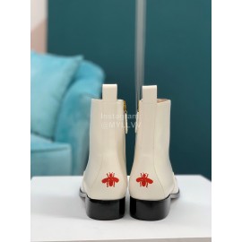 Gucci Bee Embroidered Leather High Heeled Boots White