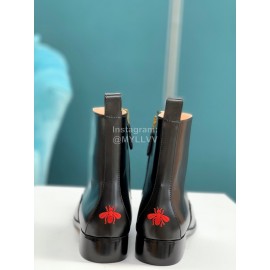 Gucci Bee Embroidered Leather High Heeled Boots Black