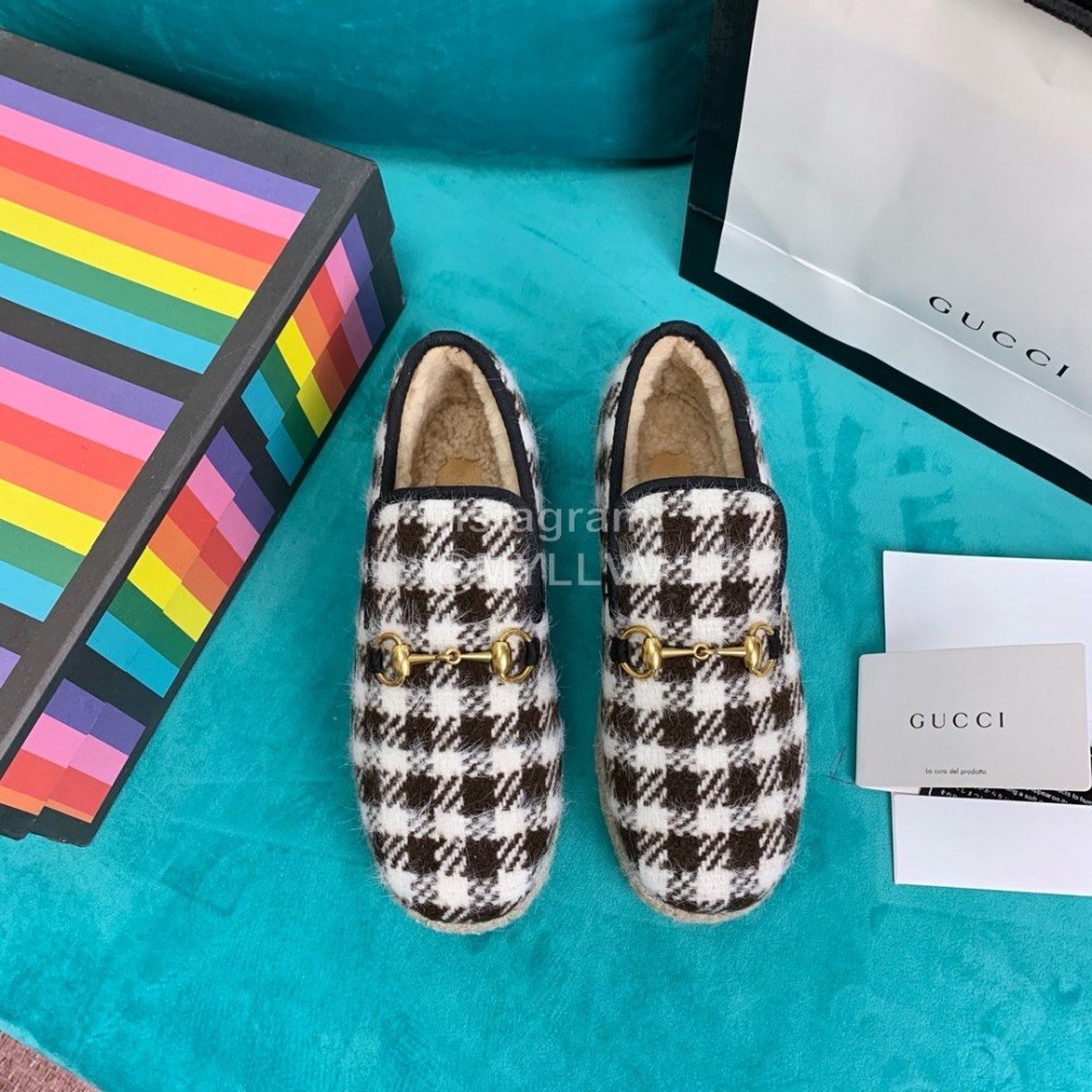 Gucci Winter Plaid Warm Wool Flat Heel Shoes For Women Black