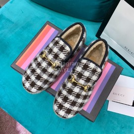 Gucci Winter Plaid Warm Wool Flat Heel Shoes For Women Black