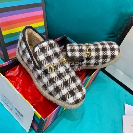 Gucci Winter Plaid Warm Wool Flat Heel Shoes For Women Black