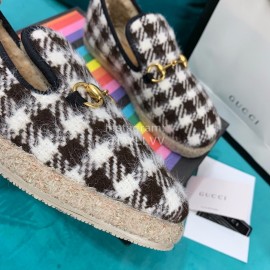 Gucci Winter Plaid Warm Wool Flat Heel Shoes For Women Black