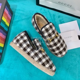 Gucci Winter Plaid Warm Wool Flat Heel Shoes For Women Black