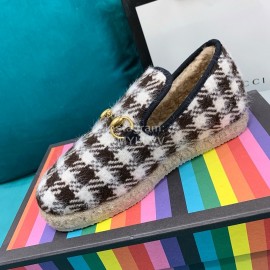 Gucci Winter Plaid Warm Wool Flat Heel Shoes For Women Black