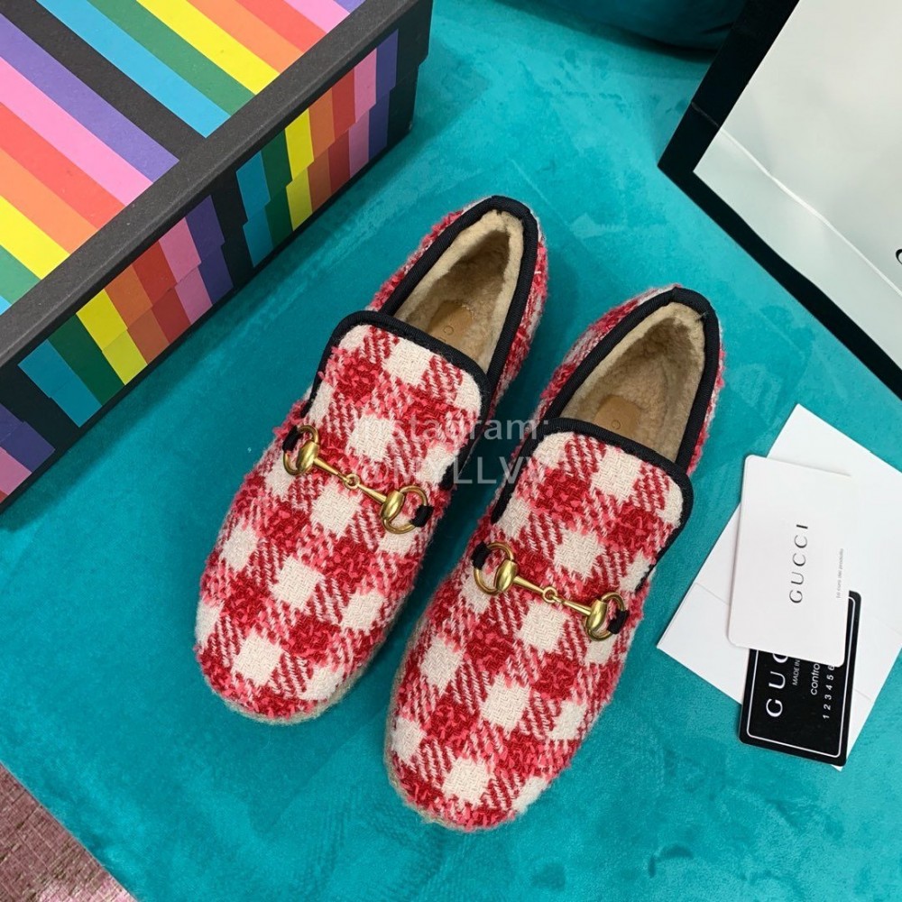Gucci Winter Plaid Warm Wool Flat Heel Shoes For Women Red
