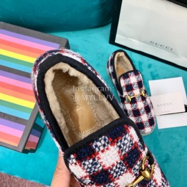 Gucci Winter New Plaid Warm Wool Flat Heel Shoes For Women