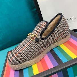 Gucci Winter Fashion Plaid Warm Wool Flat Heel Shoes For Women