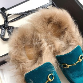 Gucci Calf Leather Horsebit Velvet Wool Loafers For Women Blue