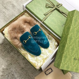 Gucci Calf Leather Horsebit Velvet Wool Loafers For Women Blue