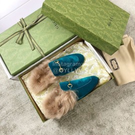 Gucci Calf Leather Horsebit Velvet Wool Loafers For Women Blue