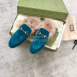 Gucci Calf Leather Horsebit Velvet Wool Loafers For Women Blue