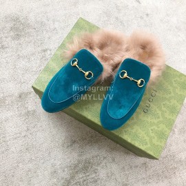 Gucci Calf Leather Horsebit Velvet Wool Loafers For Women Blue