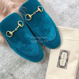 Gucci Calf Leather Horsebit Velvet Wool Loafers For Women Blue