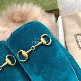 Gucci Calf Leather Horsebit Velvet Wool Loafers For Women Blue