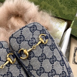 Gucci Calf Leather Horsebit Velvet Wool Loafers For Women