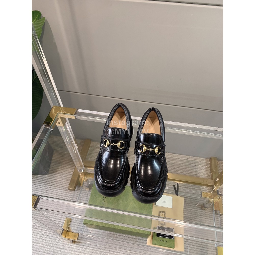Gucci Black Cowhide Horsebit Thick Soles Loafers For Women 