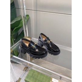 Gucci Black Cowhide Horsebit Thick Soles Loafers For Women 