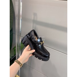 Gucci Black Cowhide Horsebit Thick Soles Loafers For Women 