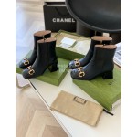 Gucci Black Sheepskin Thick High Heel Boots For Women 