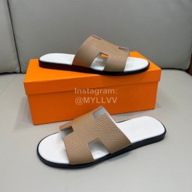 Hermes Summer Litchi Grain Cowhide Slippers For Men Coffee