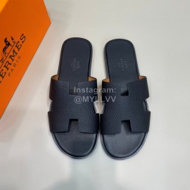 Hermes Summer Litchi Grain Cowhide Slippers For Men Black