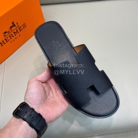 Hermes Summer Litchi Grain Cowhide Slippers For Men Black