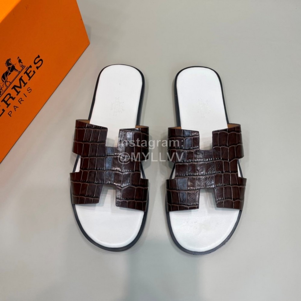 Hermes Summer Crocodile Pattern Leather Slippers For Men Brown