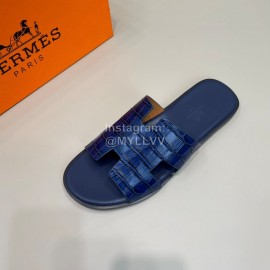 Hermes Summer Crocodile Pattern Leather Slippers For Men Blue