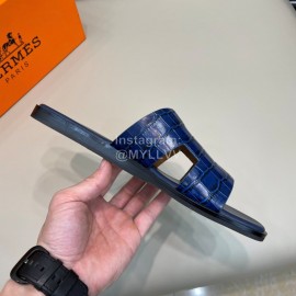 Hermes Summer Crocodile Pattern Leather Slippers For Men Blue