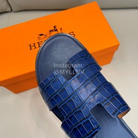 Hermes Summer Crocodile Pattern Leather Slippers For Men Blue