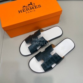 Hermes Summer Crocodile Pattern Leather Slippers For Men 