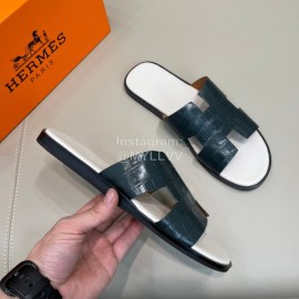 Hermes Summer Crocodile Pattern Leather Slippers For Men 