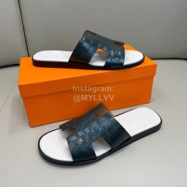Hermes Summer Crocodile Pattern Leather Slippers For Men 