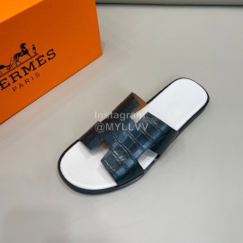 Hermes Summer Crocodile Pattern Leather Slippers For Men 