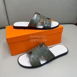 Hermes Summer Crocodile Pattern Leather Slippers For Men Green