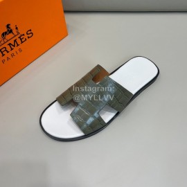 Hermes Summer Crocodile Pattern Leather Slippers For Men Green