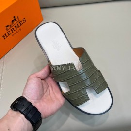 Hermes Summer Crocodile Pattern Leather Slippers For Men Green