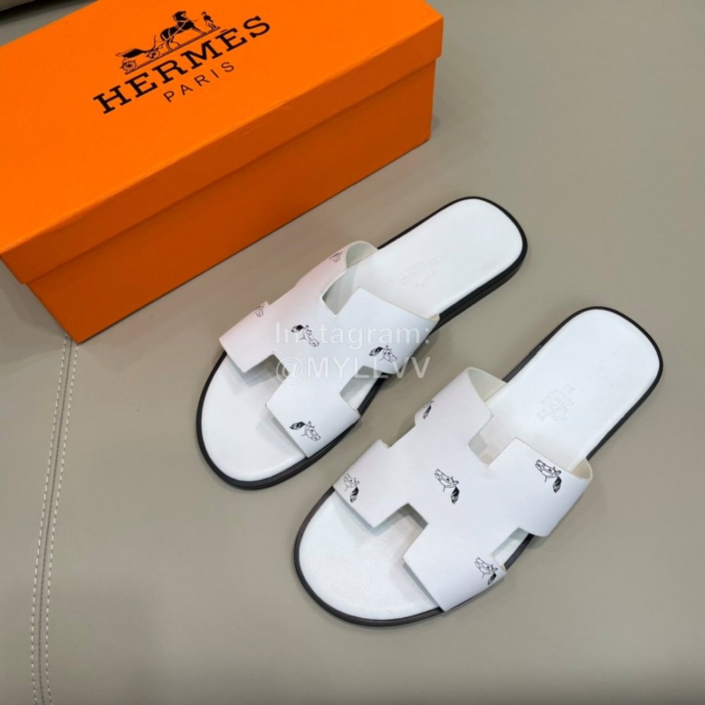 Hermes Summer Fashion Leather Slippers For Men White