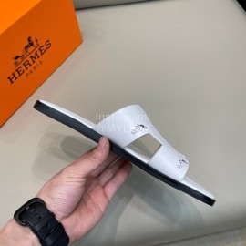 Hermes Summer Fashion Leather Slippers For Men White