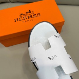 Hermes Summer Fashion Leather Slippers For Men White
