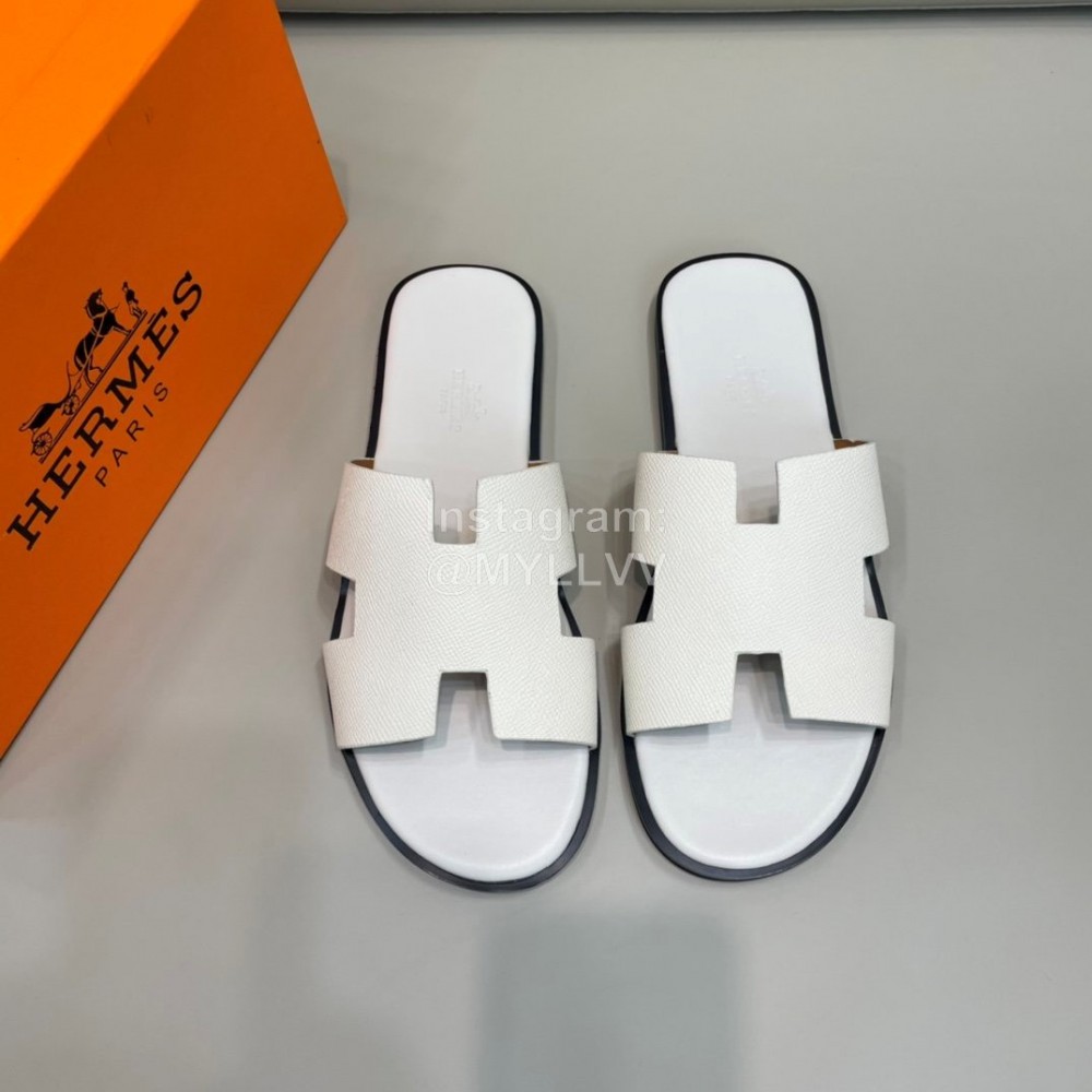 Hermes Summer Fashion Cowhide Slippers For Men White
