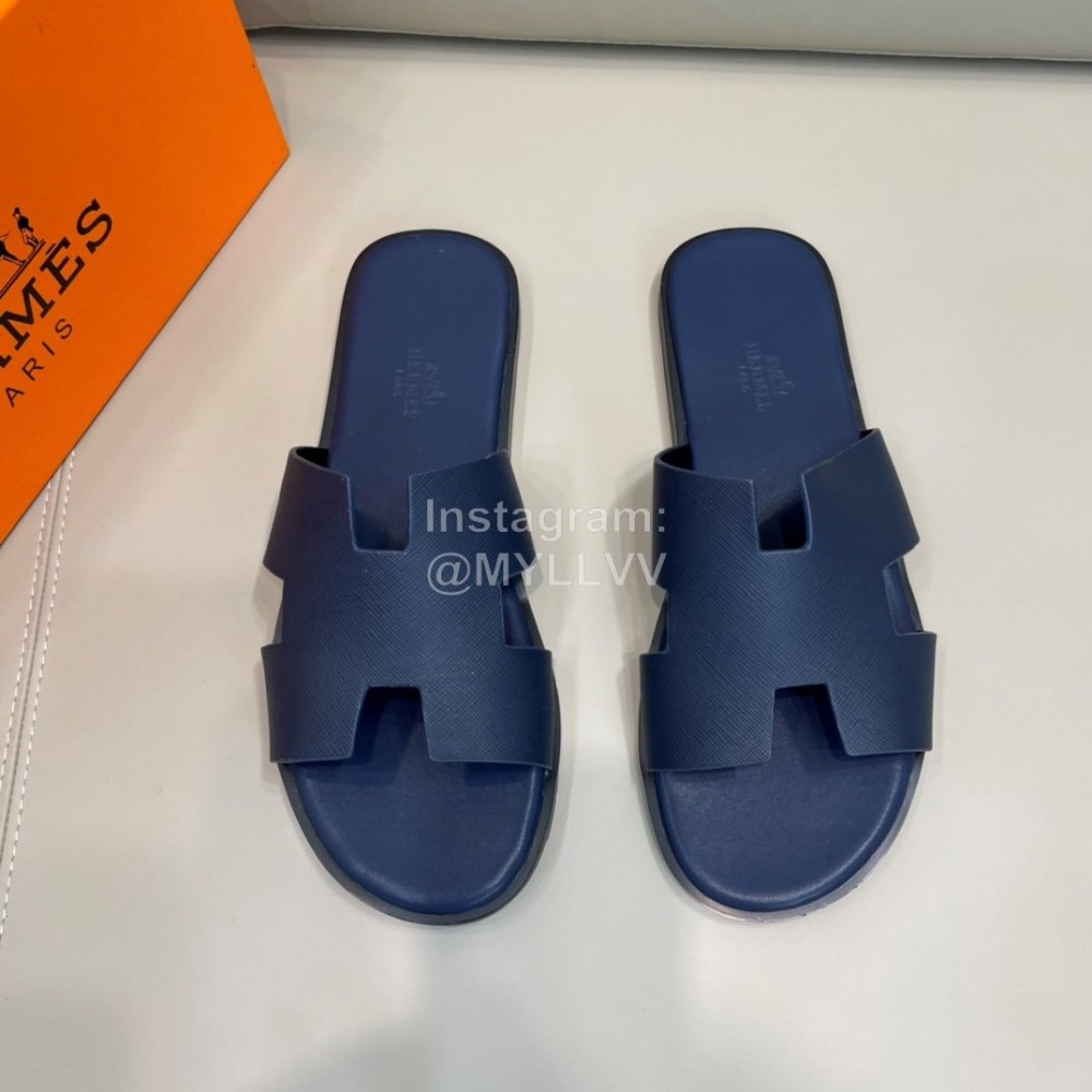 Hermes Summer Fashion Cowhide Slippers For Men Navy