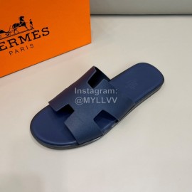 Hermes Summer Fashion Cowhide Slippers For Men Navy